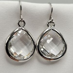 Faceted Clear Crystal April Teardrop Peach Silver Dangly Earrings